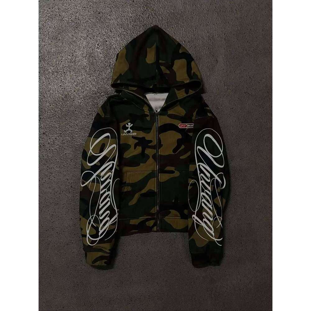 Autumn new men's and women's high street fashion embroidery camouflage Harajuku ins style zipper hooded sweatshirt Y2k clothing 26Y0313