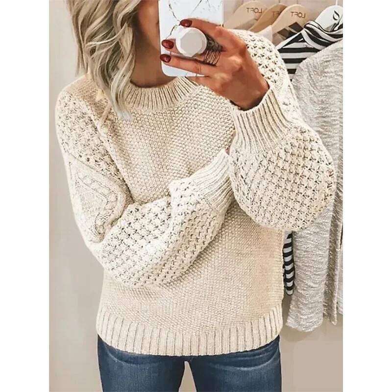 Women Sweaters Solid Knit Thick Splice Pullovers Sweater Full Sleeve Regular Vintage Elegant Lady Casual Winter Streetwear Z260313