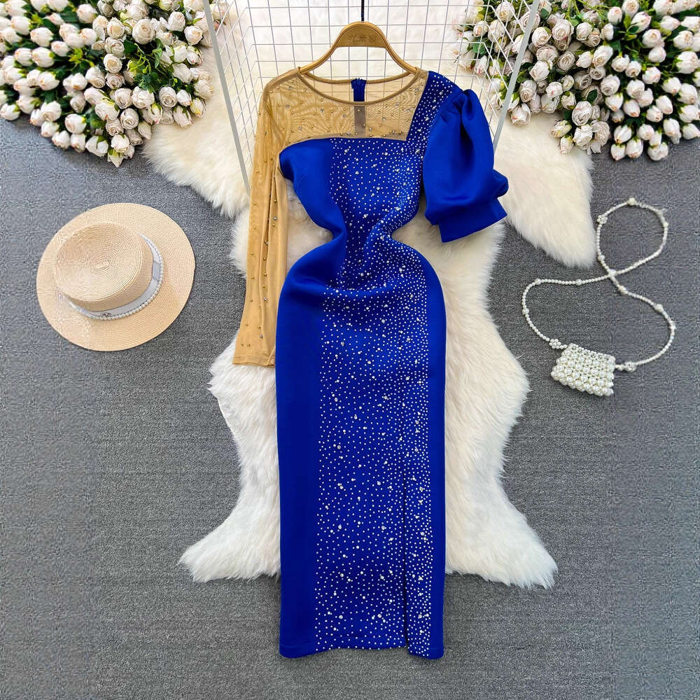 Designer high-end evening gown elegant and exquisite mesh inlaid round neck waist with slit and tight design