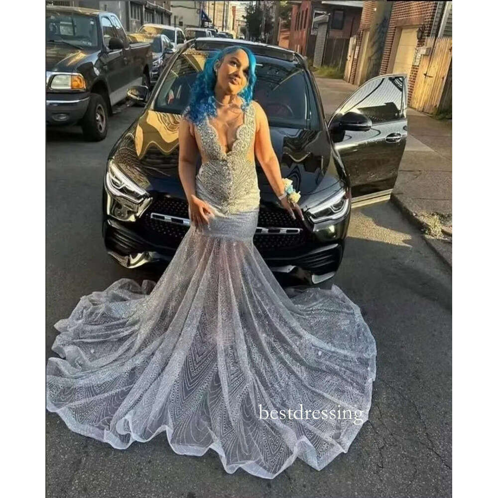 Sparkling Silver See Through Mermaid Dress Gorgeous Crystal Beaded Appliques Black Girl Birthday Party Prom Customized J01 B0313