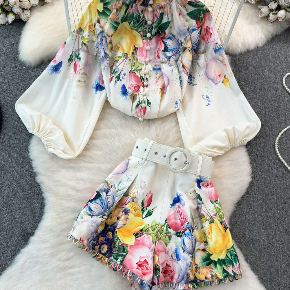 2026 Women's Fashion European and American Style Lantern Long Sleeve Stand Collar Loose Printed Top High Waist Two Piece Set
