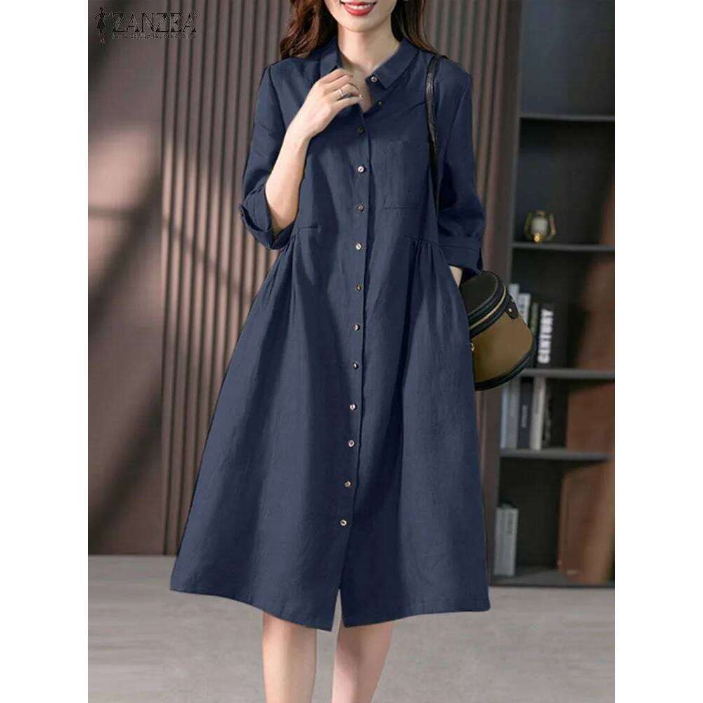 2024 Spring Causal Shirt Dress Women Long Sleeve Solid Dresses ZANZEA Fashion Lapel Neck Midi Vestidos Holiday Sundress Oversize Z260313