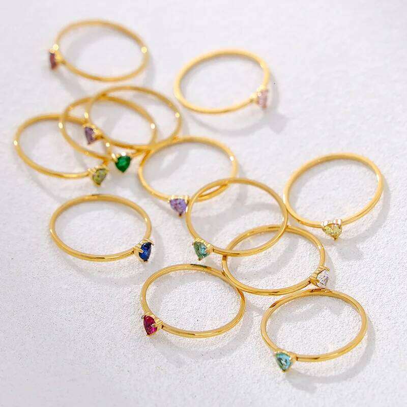 CARLIDANA Birthstone for Women Birthday Gifts Jewelry Gold Plated Stainless Steel Months Peach Heart Zircon Rings H260312