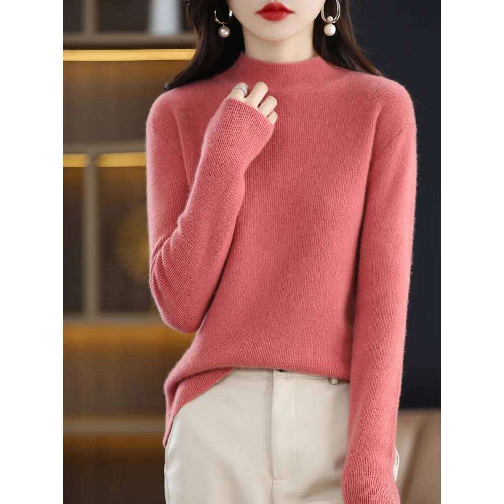 Basic Merino Wool Women Sweater Autumn Winter Korean Mock Collar Slim-Fit Knitted Pullover Long Sleeve Office Lady Clothing Tops Z260313