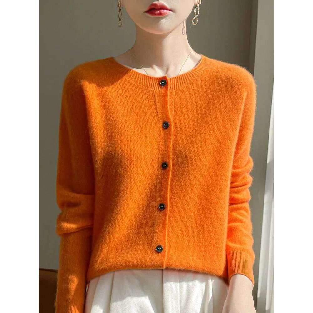 Women 100% Merino Wool Cardigan Soft O-Neck Cashmere Sweater OL Buttoned Knitwear Casual Top Clothing Korean Style Z260313
