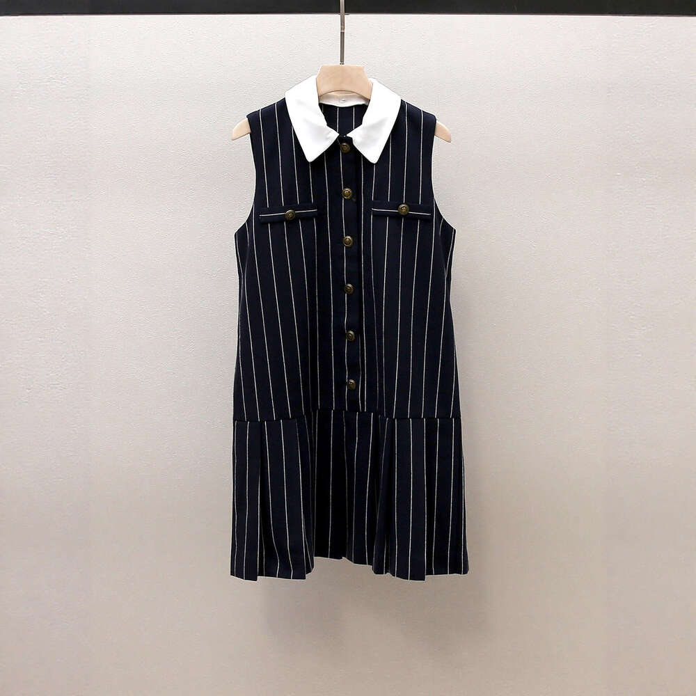 Designer's new autumn French workwear multifunctional color blocked collar striped loose sleeveless pleated skirt