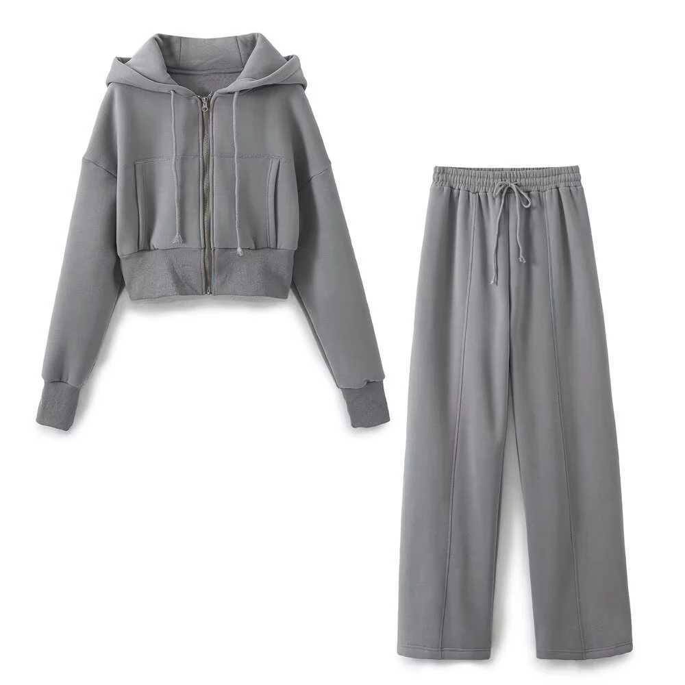 European and American style winter new fashionable casual hooded short hoodie loose velvet jogging pants set M260313