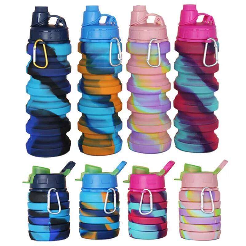 Outdoor Sports Silicone Foldable For Camouflage Creative Travel Reusable Leakproof Water Bottle With Carabiner Z260313
