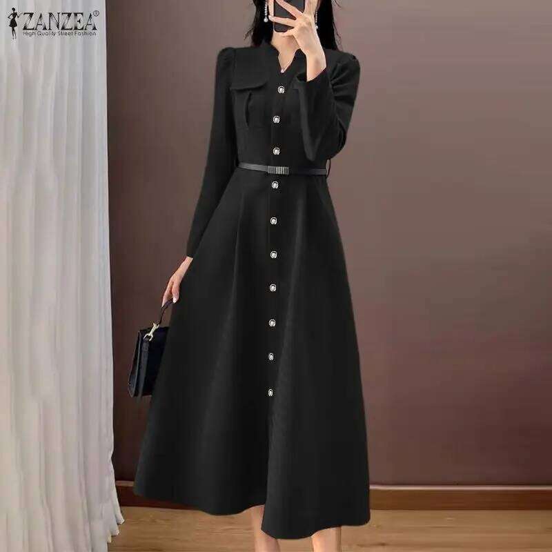 ZANZEA Elegant Party Dress Women Sleeve V-Neck Buttons Long Shirt Vestidos 2026 Fashion Casual Streetwear Office Midi Robe Z260314