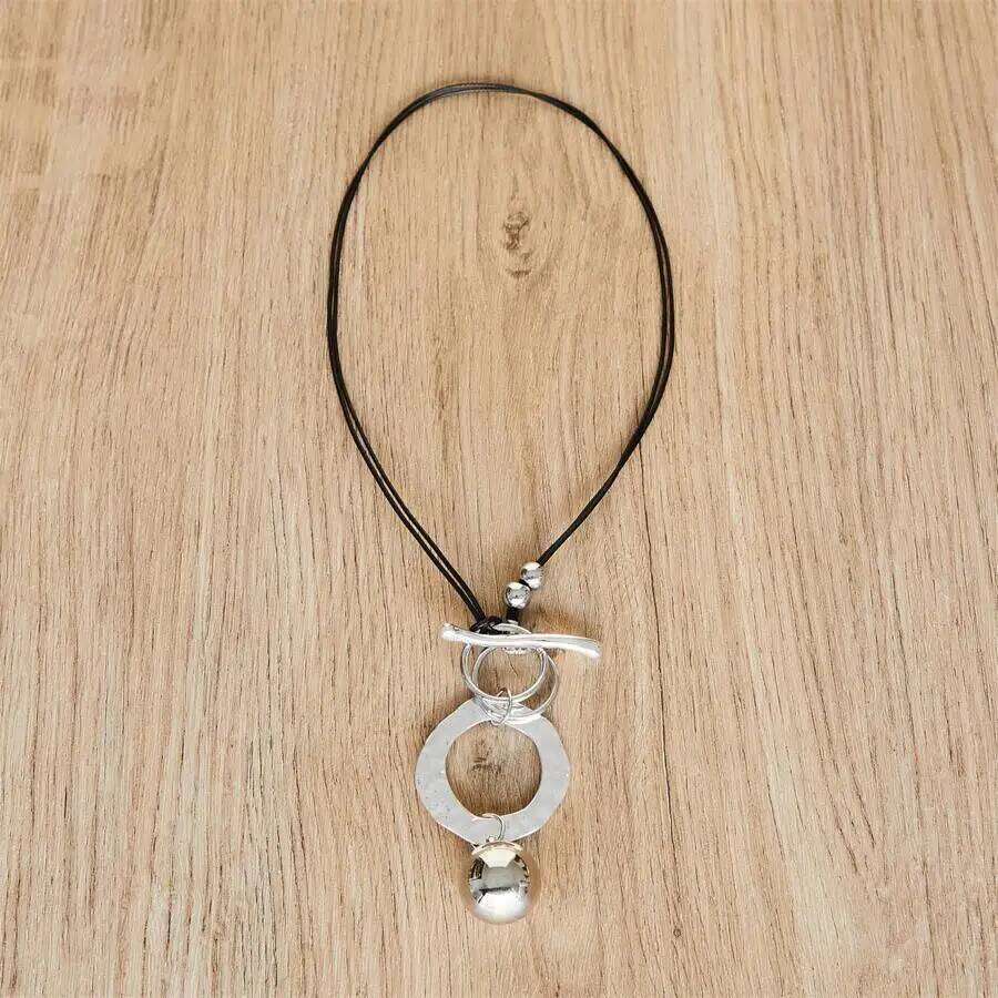 Bohemia Silver Color Geometric Shape Metal Black PU Leather Retro OT Closure Simple Design Round Ball Pendant Necklace H260312