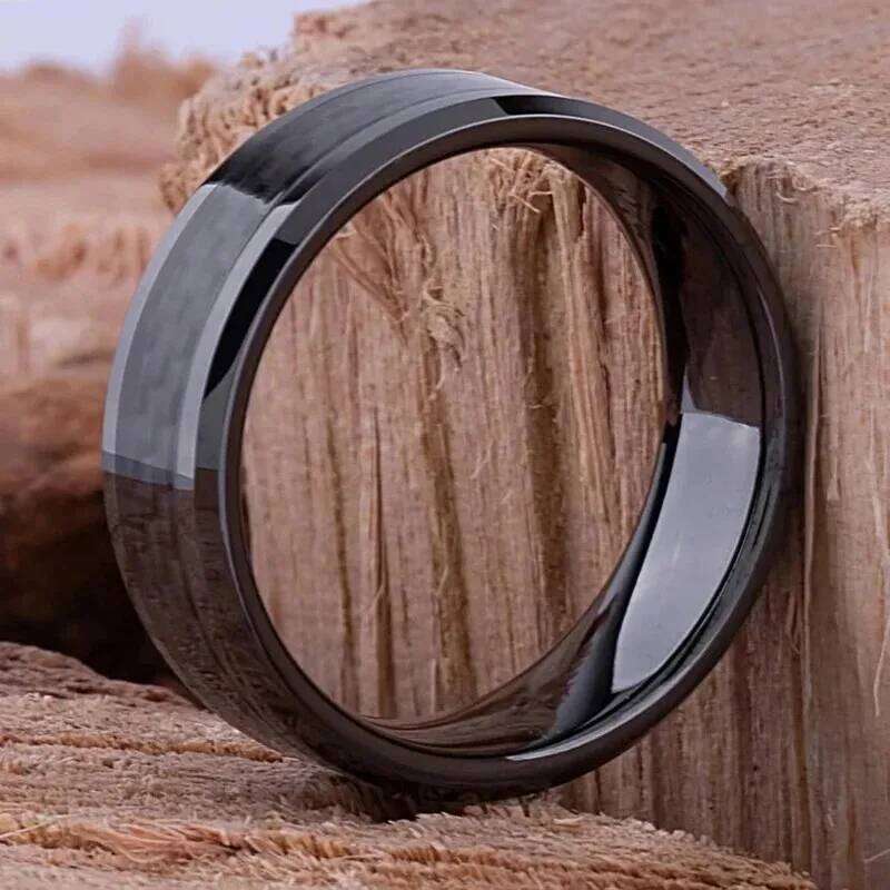 Fashion 8MM Stainless Steel Inlaid Black Carbon Fiber Rings For Men Women Wedding Engagement Party Jewelry Gifts H260312