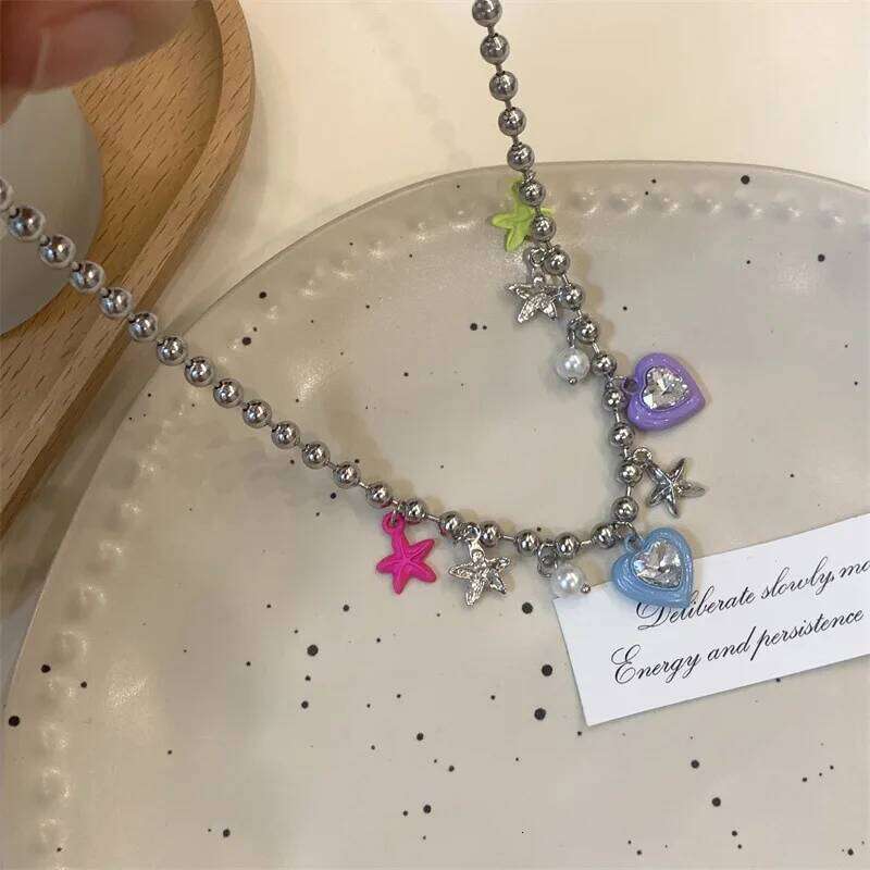 Korean Fashion Colorful Star Pearl Crystal Pendant for women Aesthetic Jewelry Beaded Necklace Clavicle Chain Y2K H260312