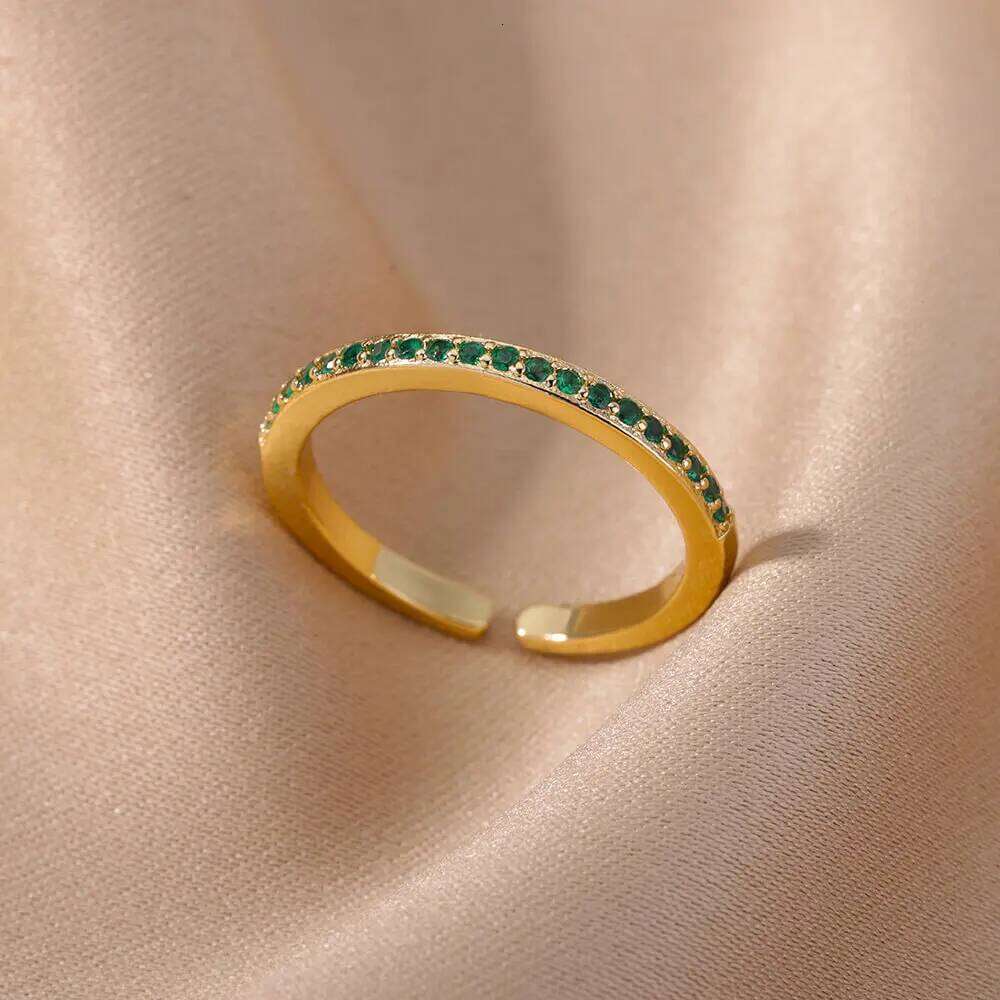 Mini Zircon Green Rings For Women Stainless Steel Gold Color Adjustable Finger Ring Engagement Wedding Christmas Jewelry Gift H260312