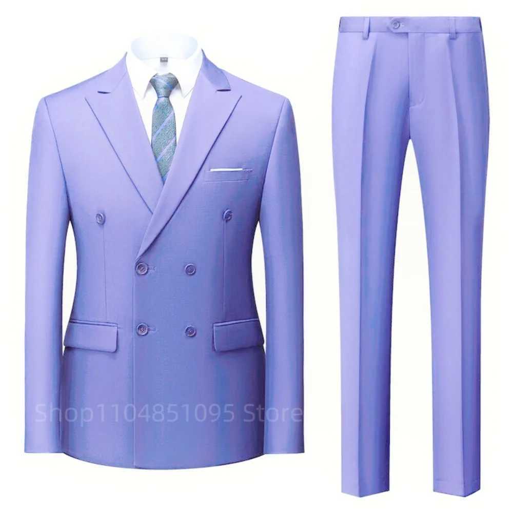 Solid Man Double-breasted 2 Piece Suit with Peak Lapel for Men Wedding Business Casual Graduation Outfit Set a03 M260313