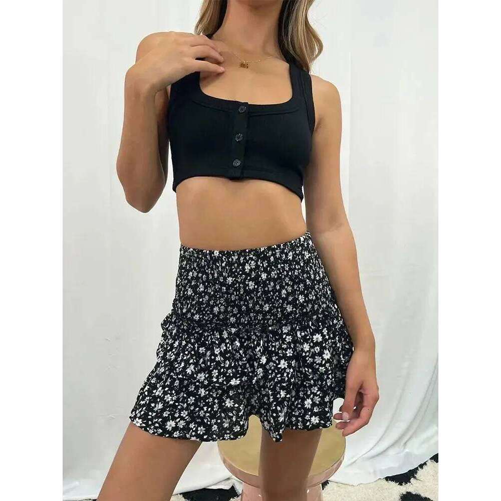 Blue Half Length Pleated Mini Skirt Ruffled Edge Printed Fashionable Floral High Waist Short Skirts For Women Bohemian Z260314