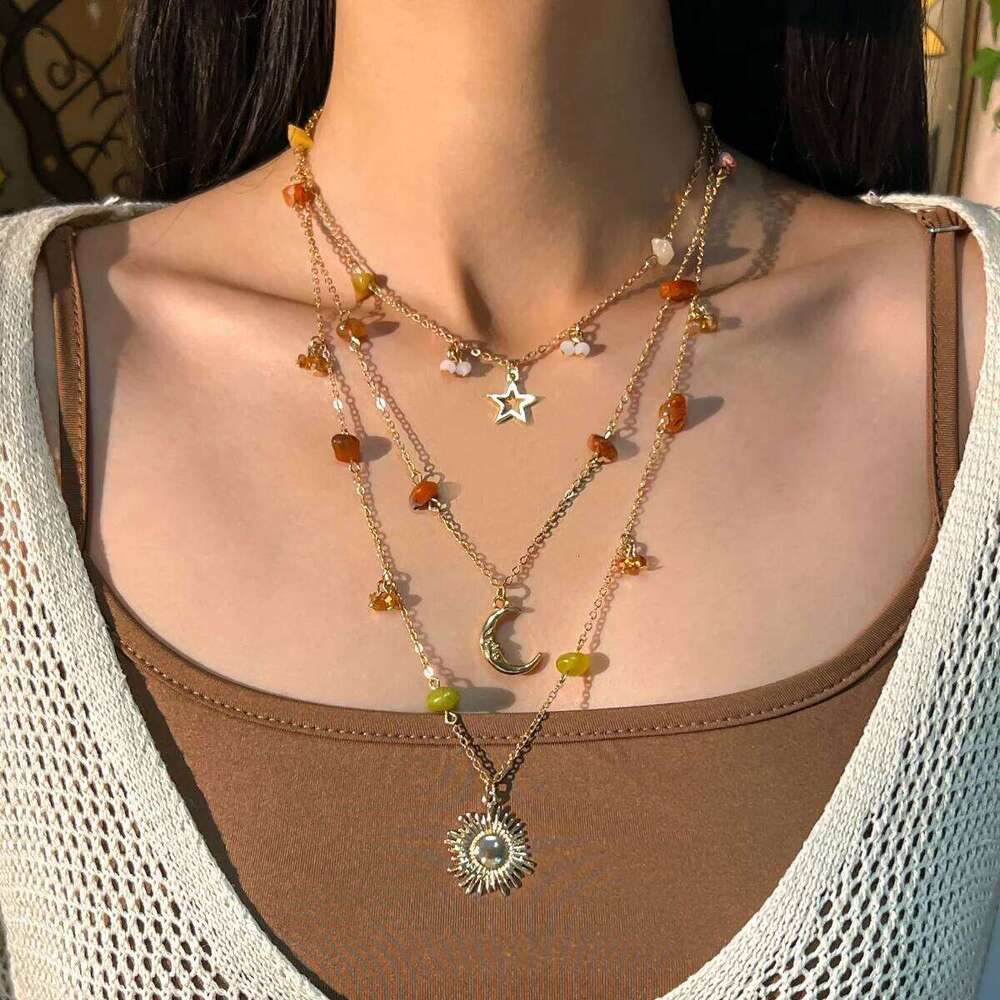 Vintage Star Moon Sun Pendant Necklace 2025 Women's Stacked Gold Color Metal Colored Stone Weaving Girls Fashion Holiday Jewelry H260312