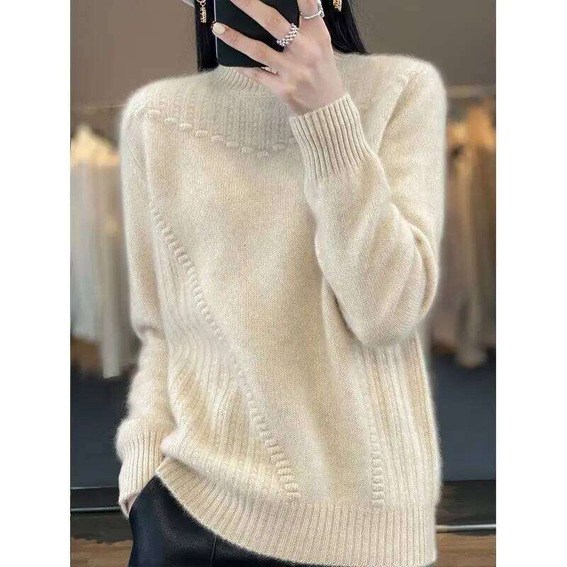 2024 Autumn New Loose Women's Semi-turtleneck Thickened Solid Color Simple Crochet Casual Knitted Sweater Pullover Top Z260313