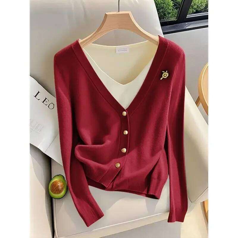 2024 Autumn New Fake Two Pieces Knitting Cardigan Interior Lapping Bottoming Shirt Ladies Simplicity Patchwork V-neck Sweater Z260313