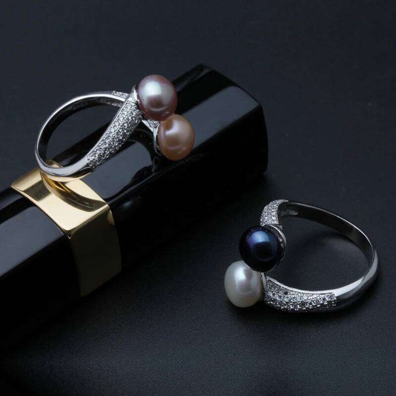 Real 925 Sterling Silver Double Rings Woman,White Natural Freshwater Pearl Ring Adjustable Wife Mother Anniversary Gift H260312