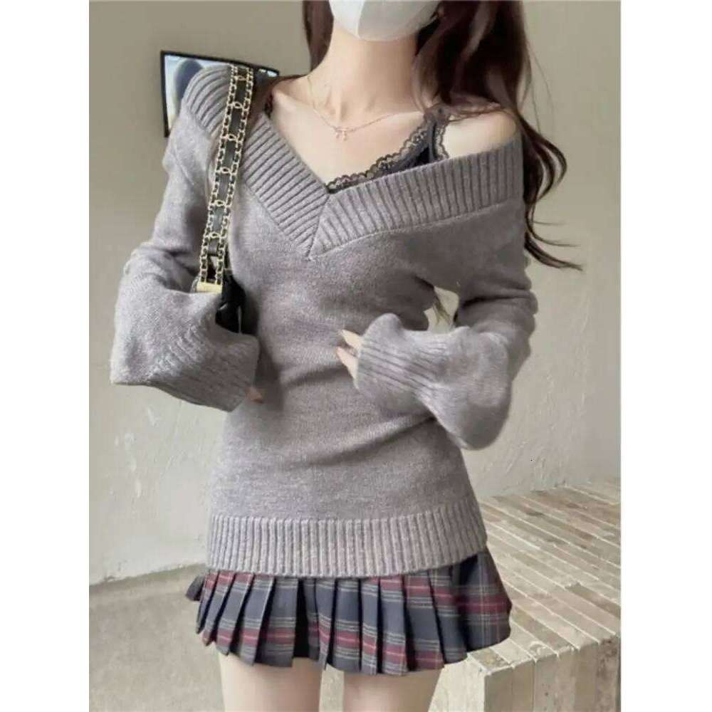 Women Retro V-Neck Slim Fit Long Sleeve Knitted Sweater Summer Soft Versatile Overhead Top Ins Commute Casual Wear Z260313