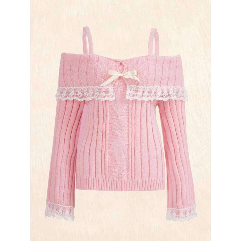 Women Long Sleeve Contrast Lace Knit Pullovers Autumn Winter Cold Shoulder Sweaters Bow Front Jumper Tops Beige/Pink Z260314