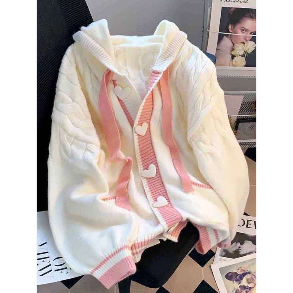 Cute Sweet Cardigan Sweaters Women Lazy Wind White Knitted Coats Long Sleeve Loose Female Japan Kawaii Elegant Hooded Tops Z260313
