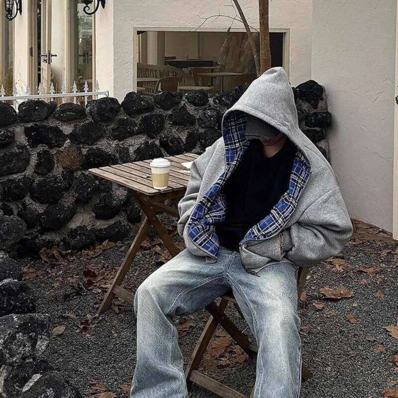 Casual Retro Men's Zipper Hoodie Goth Y2k Striped Plaid Double Sided Clothing Women Hip Hop Street Gray Jacket Sweatshirt Unisex Z260314