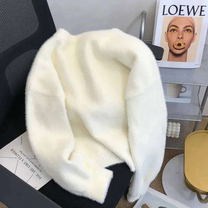 Korean Simple O-neck Single-breasted Imitation Mink Velvet Knitted Sweater 2023 Casual Loose Soft Pearl Buttons Cardigan Women Z260313