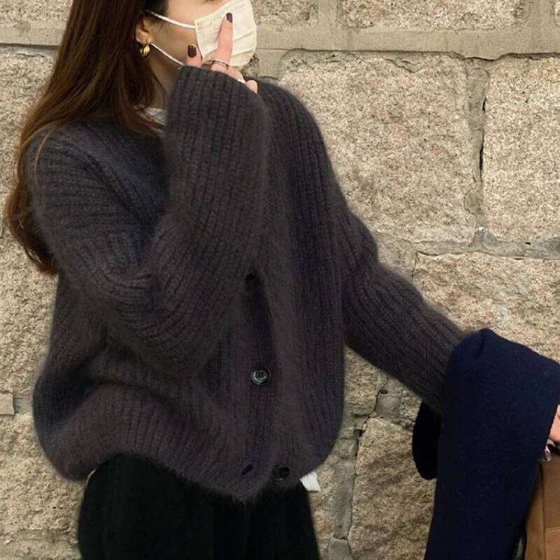 Deeptown Vintage Brown Knitted Women Korean Style Casual Long Sleeve Sweater Harajuku Autumn Winter Cardigan Aesthetics Z260313