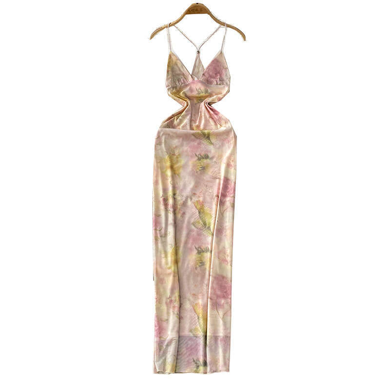 Women's sexy backless V-neck backless suspender 2026 summer mesh printed waist slimming long skirt