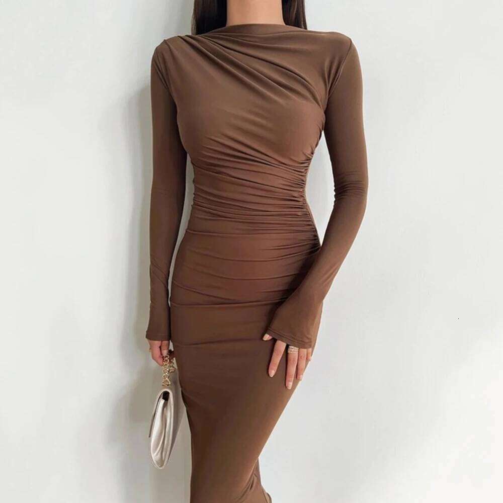 Sexy Bodycon Long Sleeve Midi Dress 2024 Autumn Slim Solid Party Package Hip Elegant Dresses For Women Robe Femme Z260314