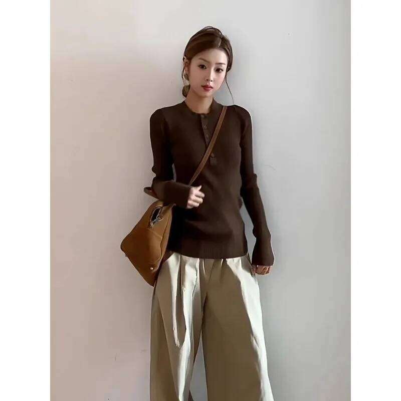 Autumn and Winter Pullover Long-sleeved Round Neck Buttoned Sweater Women's Slim Fit Bottoming Shirt Top Z260313