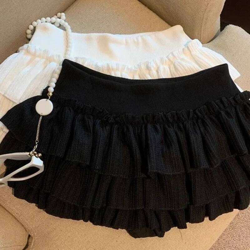 Sweet Puffy Cake Women Skirts Korean Fashion Ruched Ruffle Mini Campus Harajuku Casual Versatile Elastic Waist Solid Skirt Z260314