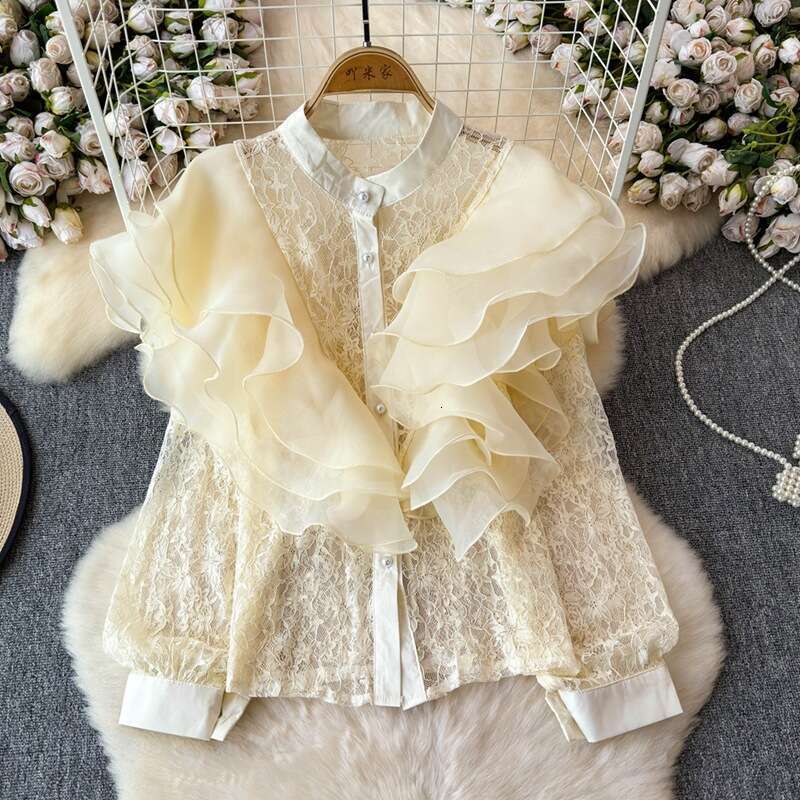 Spring and Autumn New Designer Lightweight Luxury Fairy Pink Ruffle Palace Noble Style Lace Shirt
