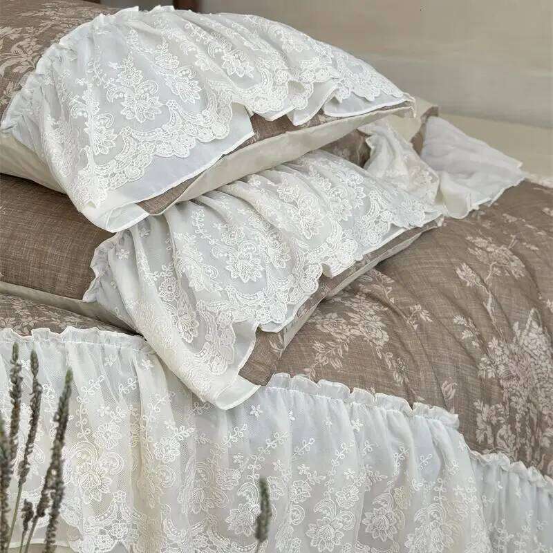 4Pcs Vintage French Floral Printing Lace Ruffles Bedding Set 100% Cotton Duvet Cover Flat/Fitted Sheet Pillowcases Home Textile H260312 - view 7