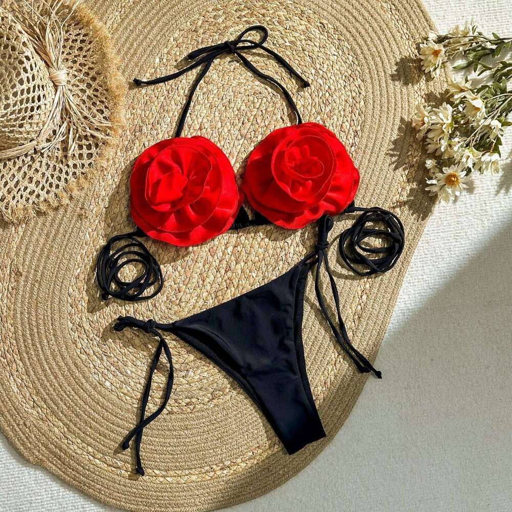 Sexy 3D Flower Swimsuit 2026 New Solid Halter Swimwear Women Bikini Set Bandage Bathing Suit Biquini Y260303