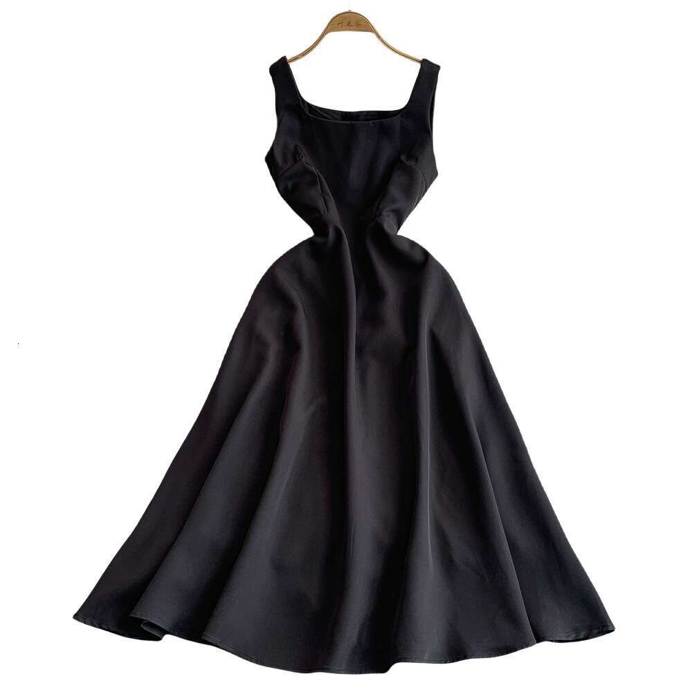 Designer French high-end satin elegant square neck women's sleeveless A12 dress summer waist cinching slim fit long dress