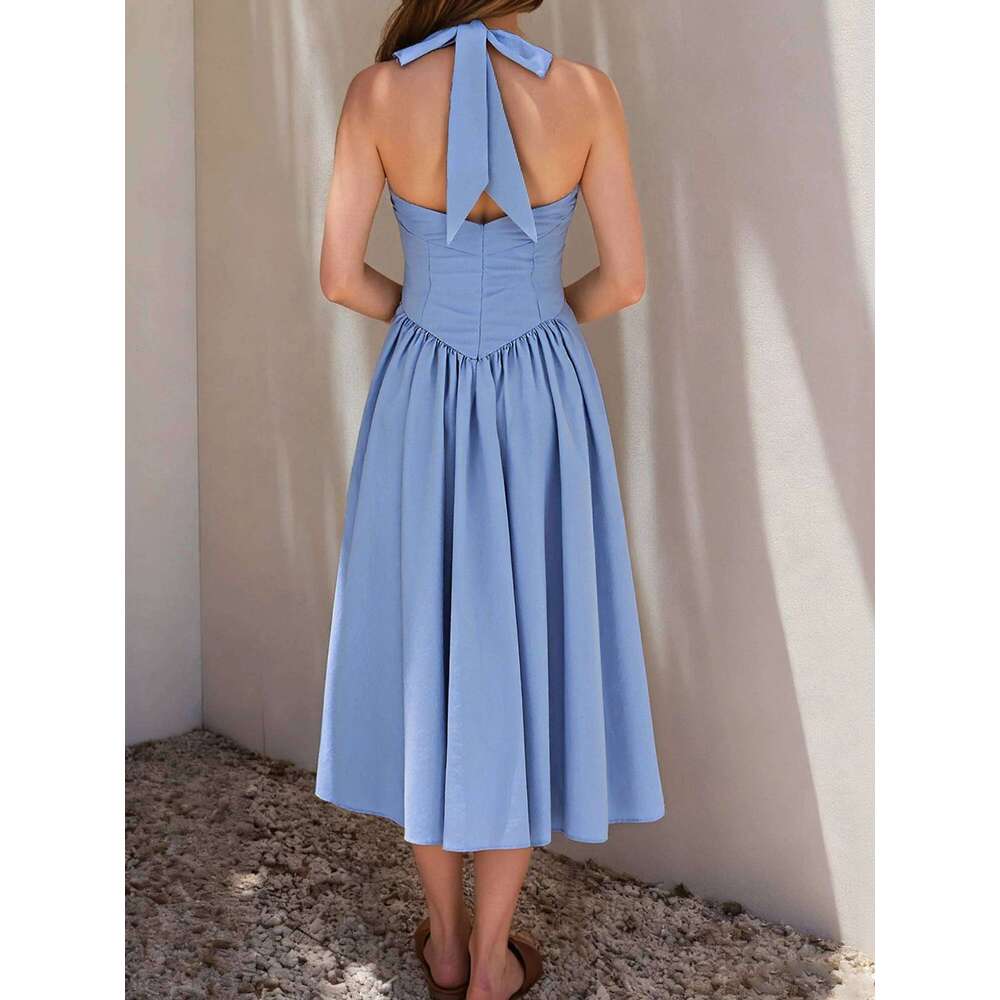 Women Halter Neck Dress Sleeveless Solid Color/Dot Print Summer Elegant A Line Dresses Z260313