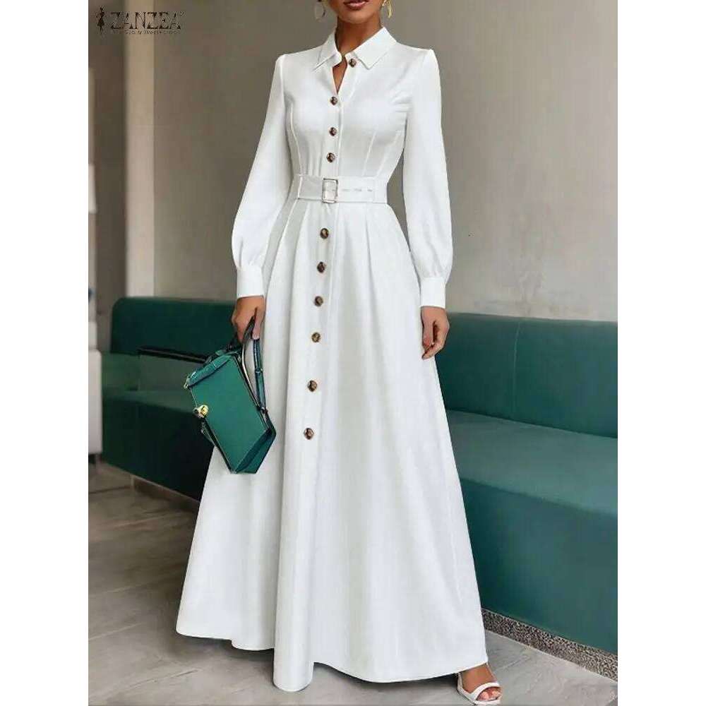 ZANZEA Elegant Women's Shirtdress 2025 Autumn Turn-Down Collar Long Sleeve Button Up Belted A-Line Maxi Dresses Office Commuting Z260314
