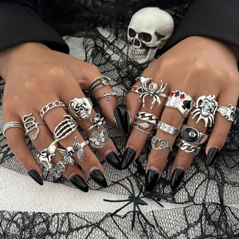 Ingemark Halloween Goth Skull Spider Snake Set for Men Vintage Silver Color Big Size Rings Unisex Festival Party Jewelry H260312