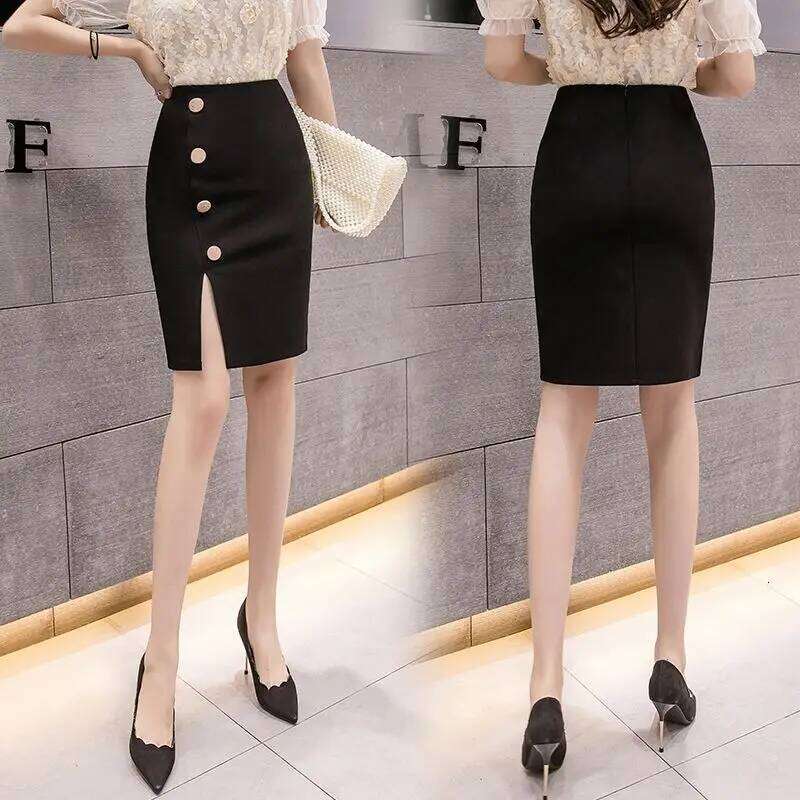 Summer New Button Split Short Skirts High Waisted Elastic Professional OL Women's Patchwork Zipper Bag Black Wrap Hip Half Skirt Z260314