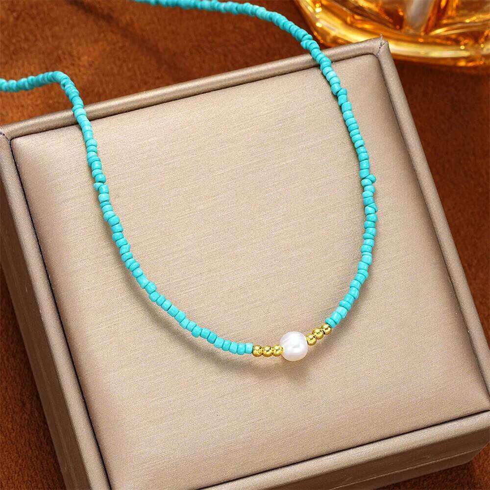 Baroque Turquoise Necklace Bohemian Beaded Choker Elegant Imitation Pearl Beach Necklaces Women'S Vacation Jewelry H260312