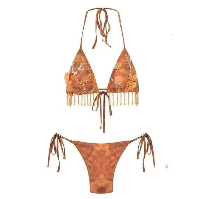 Sexy Fringe Skirt For Women's Summer Vintage Fashion Embroidery Tie Dye Orange Beach Vacation Style Bikini Three-piece Set Y260303
