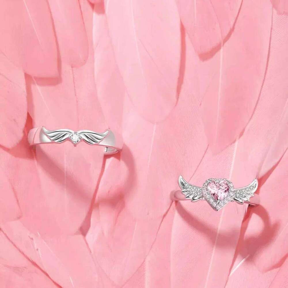 Chic Angel Wing Ring for Couple Pink Heart Cubic Zirconia Eternity Rings Romantic Forever Finger Jewelry Valentine Day Gift H260312