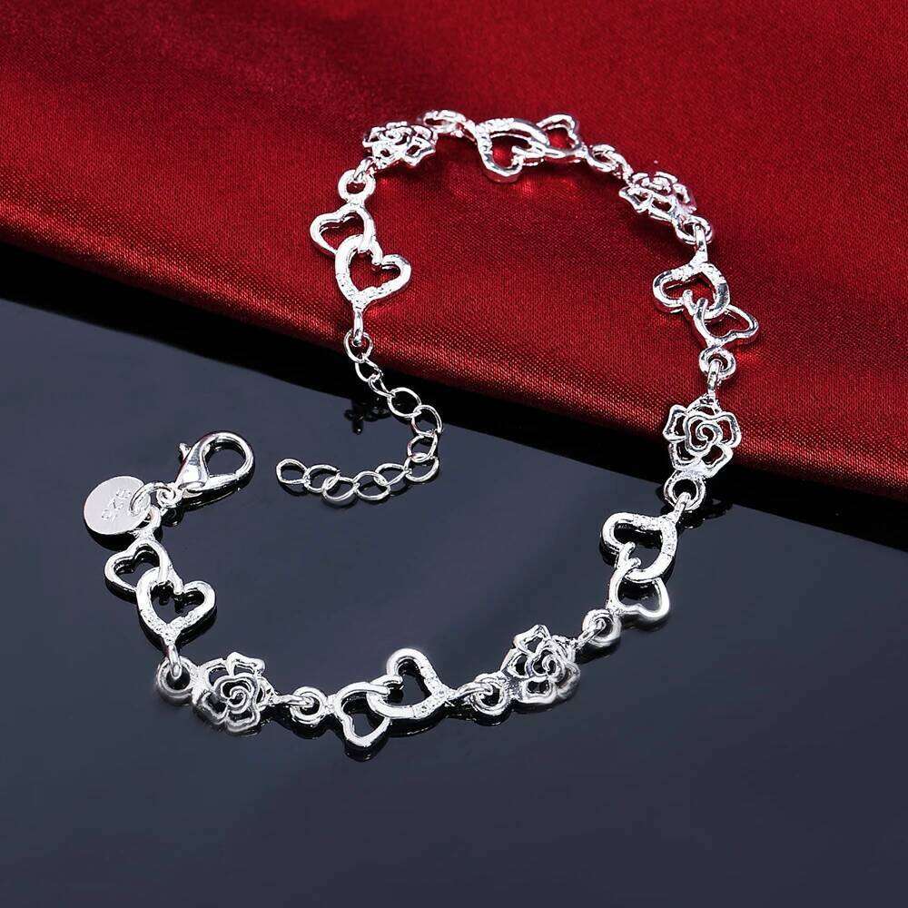 Beautiful 925 Sterling Silver Bracelet for women bracelet HEART lovely FLOWER chain fashion Wedding Party cute lady nice jewelry Z260313
