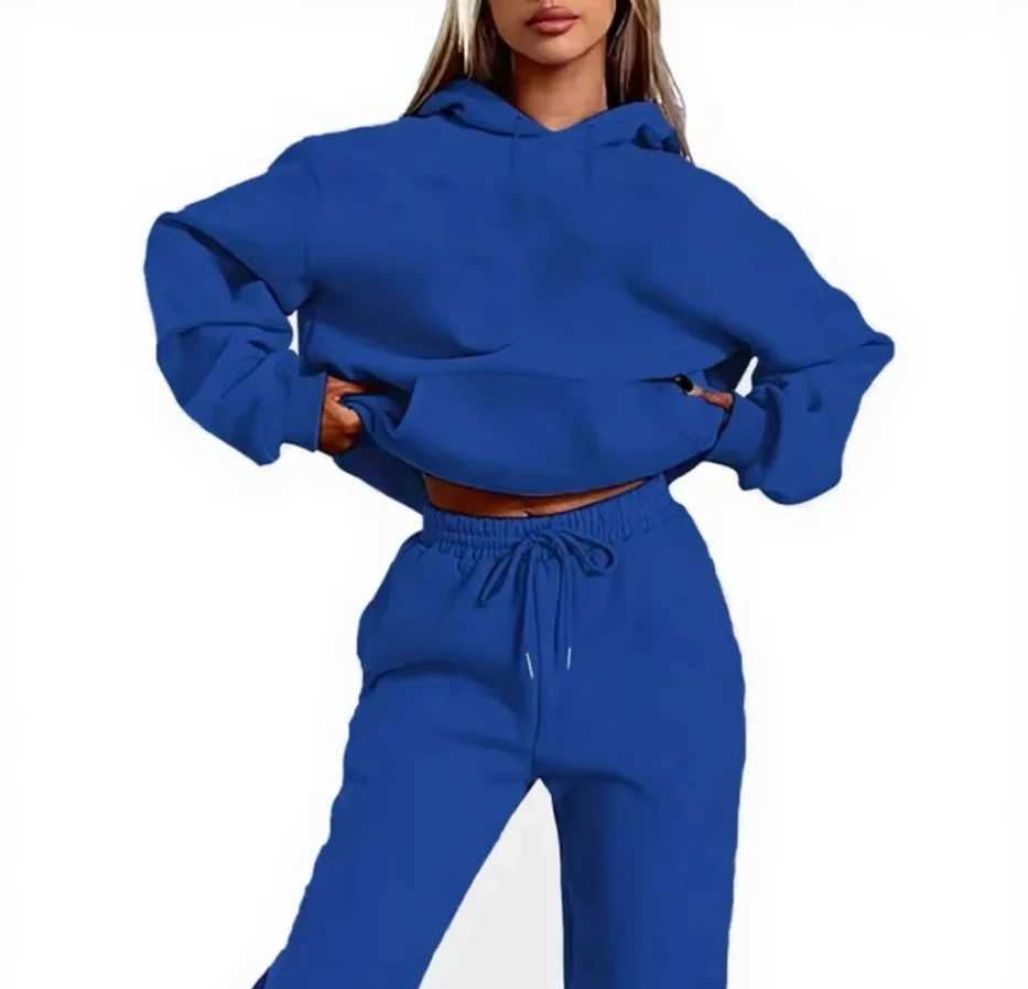 2024 Autumn/Winter New Women Fashion Trendy HoodieSports Pants Two Piece Solid Color Loose Fitness Training Jogging Set M260313