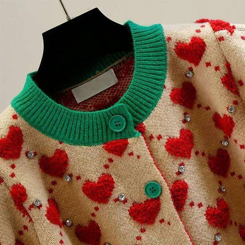 Heart Plaid Viscose Wool Thick O-Neck Vintage Knitted Women's Cardigans Sweater Fashion Single Breasted Short Cardigan For Women Z260313
