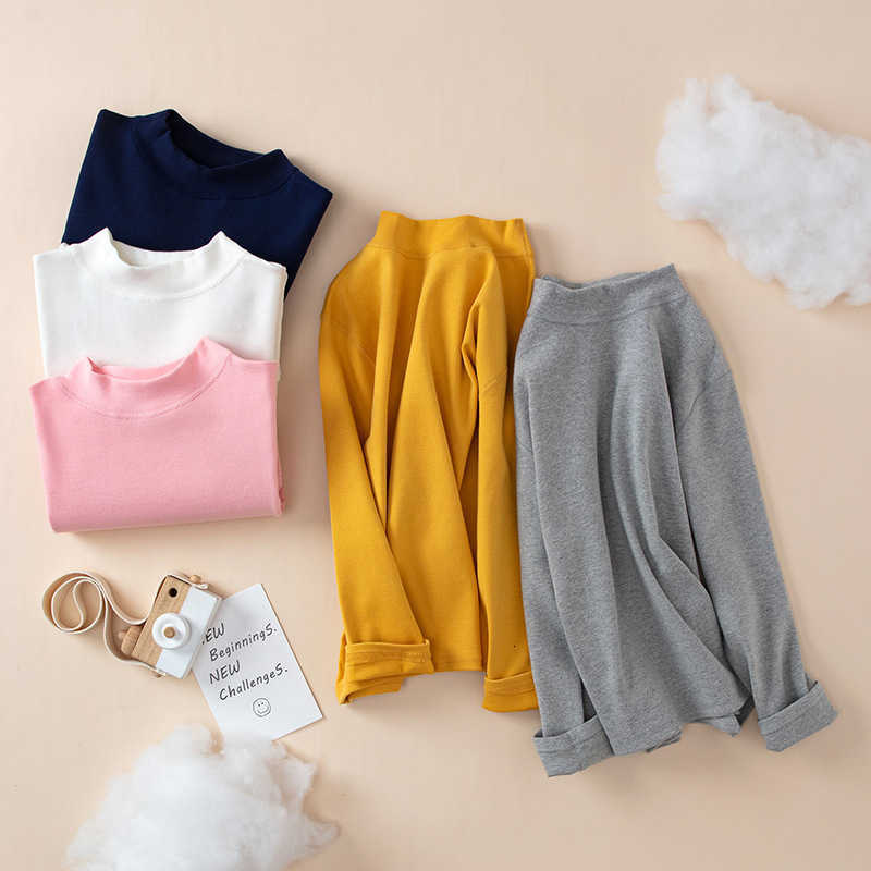 T-shirts Children's Half Turtleneck Pure Cotton Base Shirt Fleece-Lined Boys Girls Sweatshirt Thickened Warm Baby Top Inner Wear Autumn Winter