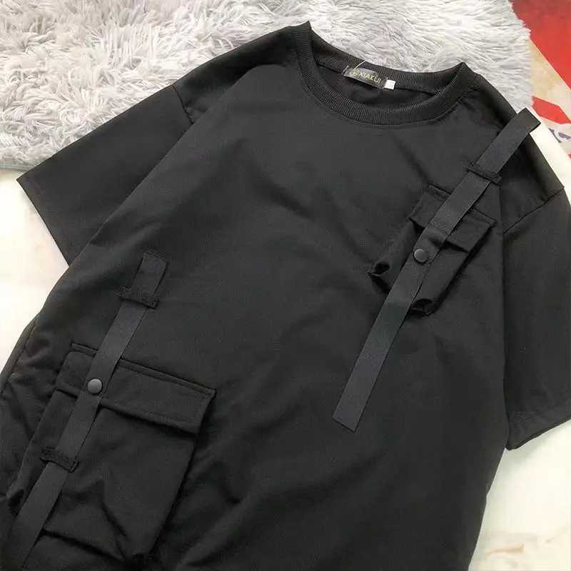 Japanese Function Summer Short-sleeved T-shirt Workwear Men Loose Casual Trend Fashion Drop Shoulder Personality Pockets Tops D260313