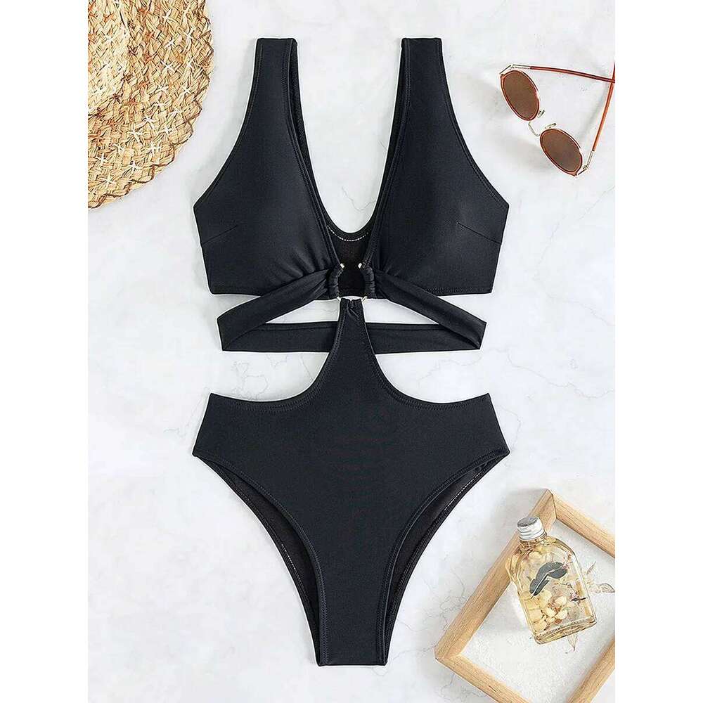 S - XL V Neck High Cut Out One Piece Swimsuit Women Swimwear Female Bather Monokini Cross Bandage Bathing Suit Swim Beachwear Y260303